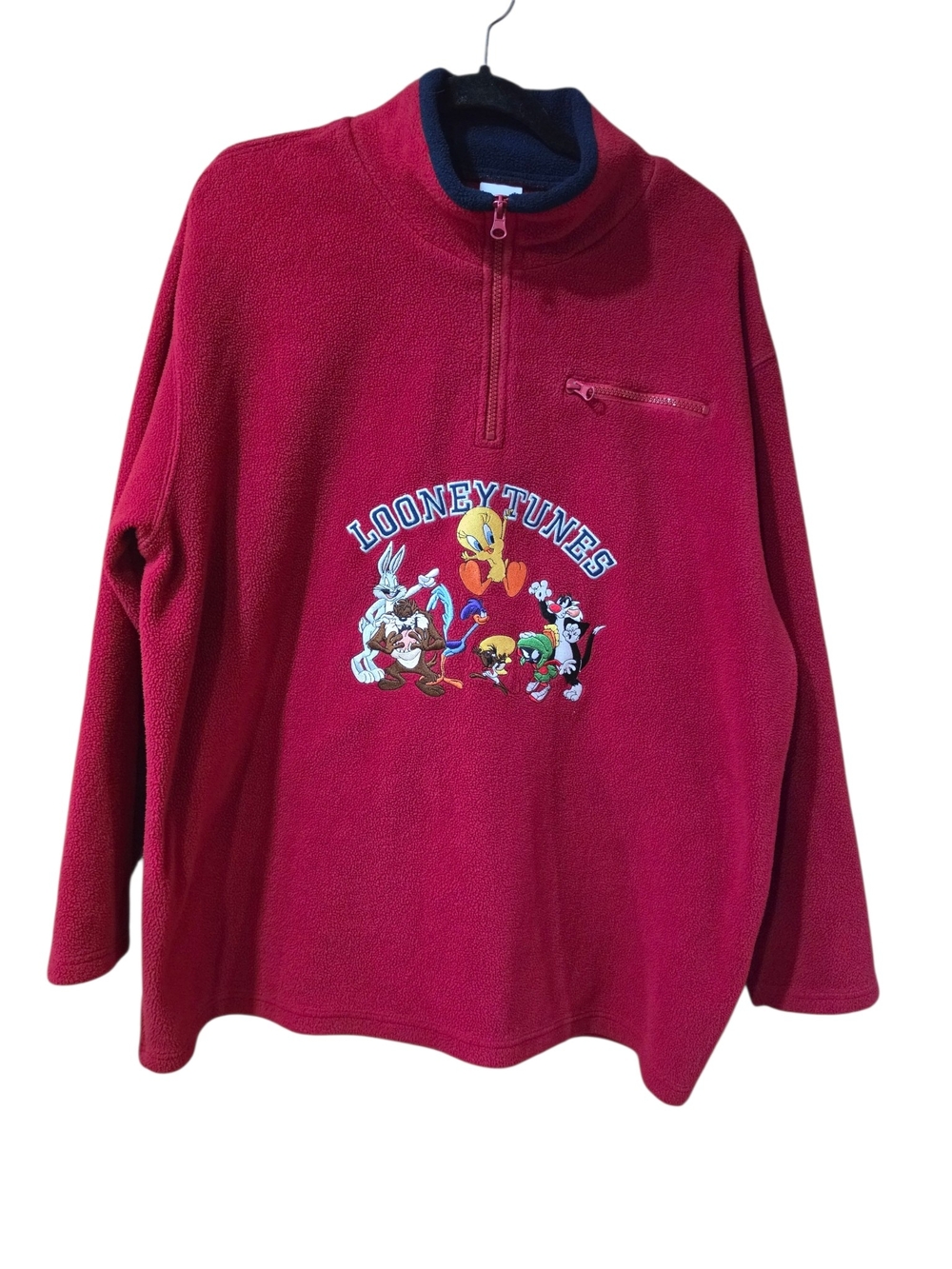 Vintage Looney Tunes Warner Bros Studio Store Fleece XL Red 1/4 Zip Embroidered